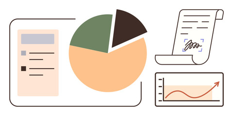 Poster - Pie chart, line graph, checklist, and signed document representing data analysis, progress tracking, digital workflows, and business planning. Ideal for education, finance strategy research