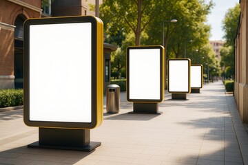 Poster - Blank advertising billboard mockups in a row on a sunny urban pedestrian walkway with trees and buildings in background. Ai generative.