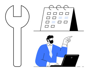 Poster - Wrench alongside a calendar and professional pointing while using a laptop. Ideal for scheduling, problem-solving, productivity, management, goal-setting, business planning, and teamwork. Simple flat