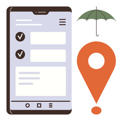 Poster - Smartphone displaying task checklist, orange location pin, and green umbrella. Ideal for productivity, navigation, safety, planning, insurance protection minimalism. Simple flat metaphor