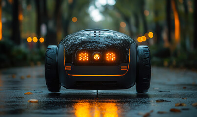 Aufkleber - Compact autonomous robot with glowing front lights on wet urban street in autumn evening smart technology innovation for navigation and mobility concept