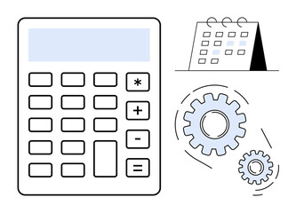 Poster - Calculator with numerical and functional keys, a standing calendar marked with dates, and interlocking gears. Ideal for finance, scheduling, productivity, planning, organization, automation simple