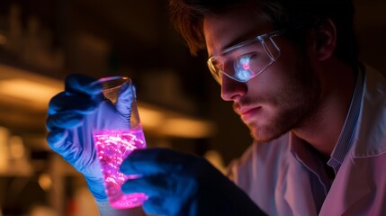 Poster - Scientist conducts experiment with glowing liquid in laboratory setting at night