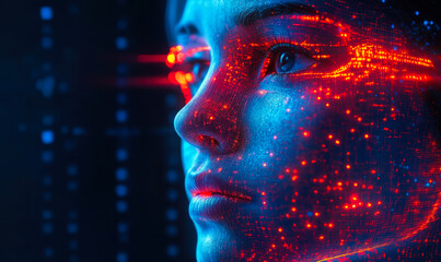 Aufkleber - Closeup of futuristic human face with digital red glowing circuit patterns overlay against dark blue background representing artificial intelligence and technology innovation in software development