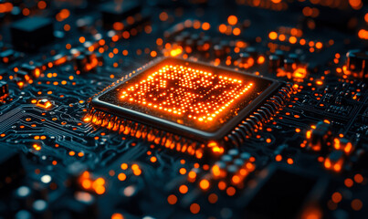 Poster - Close up of glowing quantum processor chip on digital circuit board with orange lights in futuristic technology concept for advanced computing and scientific research innovation