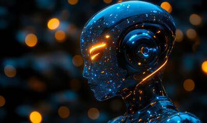 Poster - Futuristic blue and orange illuminated humanoid robot head with digital circuit patterns and glowing eyes on dark blurred background representing artificial intelligence technology innovation