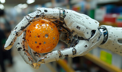 Aufkleber - Close up advanced robotic hand holding perforated orange ball demonstrating precision grasping and flexible manipulation technology