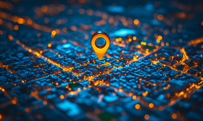 Poster - 3D city map with glowing streets and illuminated location pin symbolizing real-time hyper localization and urban navigation technology at night