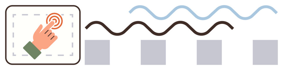 Poster - Hand pointing at a touch interface with dynamic wavy lines and squares. Ideal for user interface, digital interaction, control systems, automation, technology, innovation, simple flat metaphor