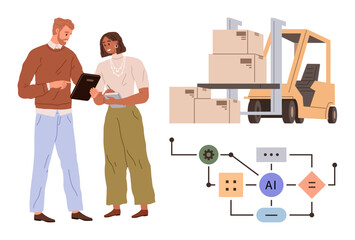 Poster - Two workers discussing on digital devices, forklift moving boxes, and an AI-based automation flowchart. Ideal for logistics, teamwork, AI integration, technology, supply chain, innovation efficient