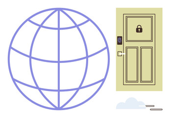 Poster - Globe symbolizing global reach next to smart door with lock, keycard reader, and cloud. Ideal for cybersecurity, connectivity, technology, innovation, data security, online access simple landing