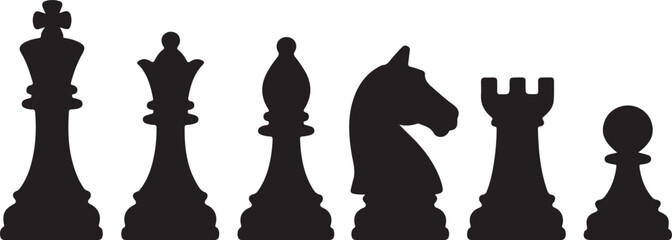 Set of chess vector icons. Black silhouette with chess. King, queen, pawn, horse and rook