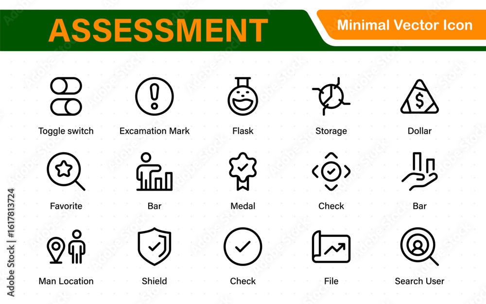 Assessment icon set. Includes icons for evaluations, audits, financial ...