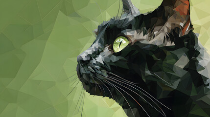 Poster - Black cat low poly art print geometric cat poster modern cat artwork green background cat illustration design