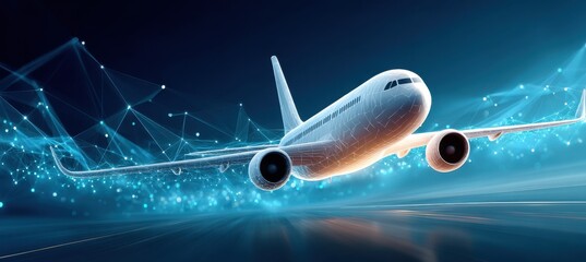 Poster - Futuristic Airplane Glowing in a Digital Matrix of Connected Technology