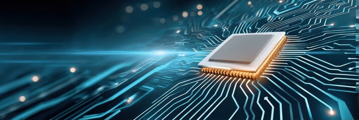 Poster - Advanced microchip on a glowing printed circuit board background with blue tones