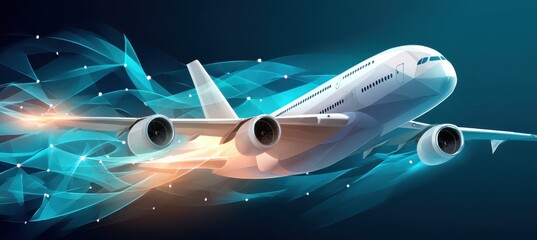 Poster - Low-poly airplane flying amidst dynamic streaks of bright blue and orange light