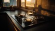 © The Little Hut - Modern black glass gas stove with four burners illuminated by warm sunlight in a contemporary kitchen interior du sunset