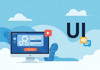 User interface design concept with computer screen and cloud elements for application development