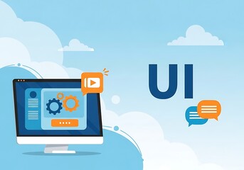 User interface design on a computer screen with cloud and communication icons for web development