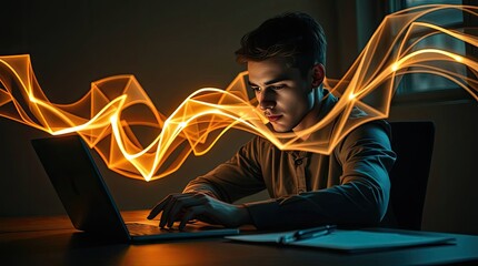 Young man coding with intense focus, digital light illuminating modern workspace, perfect for tech startup or innovative business ad campaigns, dynamic visual storytelling