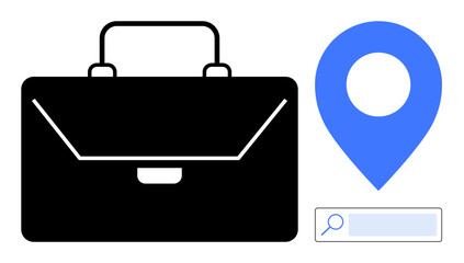 Poster - Black briefcase, blue map pin, and search bar emphasizing navigation, business, and professional themes. Ideal for business travel, location search, career, navigation apps job finding maps
