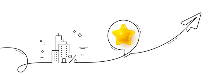 Poster - Mortgage line icon. Continuous line with share plane. Credit tax rate sign. Real estate percent symbol. 3d star in speech bubble. Mortgage single line ribbon. Loop curve pattern. Vector
