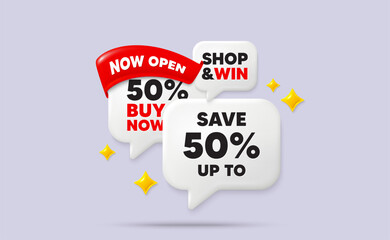 Poster - Discount speech bubbles. Now open flag ribbon. Save up to 50 percent tag. Discount Sale offer price sign. Special offer symbol. Discount chat bubbles with 3d sparkles. Vector