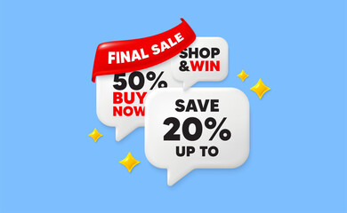 Poster - Discount speech bubbles. Final sale flag ribbon. Save up to 20 percent tag. Discount Sale offer price sign. Special offer symbol. Discount chat bubbles with 3d sparkles. Vector