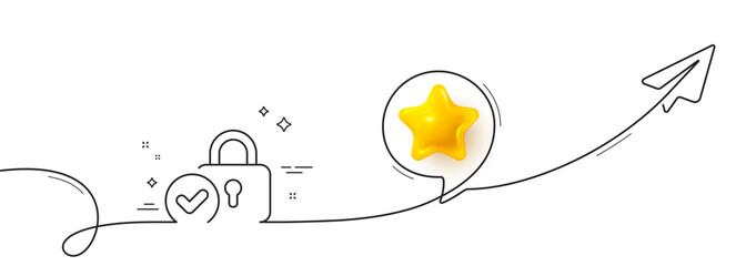 Poster - Verified locker line icon. Continuous line with share plane. Approved protection lock sign. Confirmed security symbol. 3d star in speech bubble. Verified locker single line ribbon. Vector