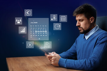 Poster - Man using tablet with financial tools and calendar in a modern office setting