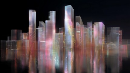 Poster - Modern city skyline with vibrant reflections and abstract lighting effects at night