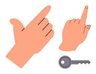 Poster - Left hand pointing left, right hand extended upwards, small metal key below. Ideal for decision, direction, opportunity, access, selection, navigation security in simple flat metaphor