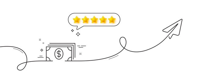 Aufkleber - Cash money line icon. Continuous line with share plane. Banking currency sign. Dollar or USD symbol. Five star rate review in speech bubble. Banking single line ribbon. Loop curve pattern. Vector