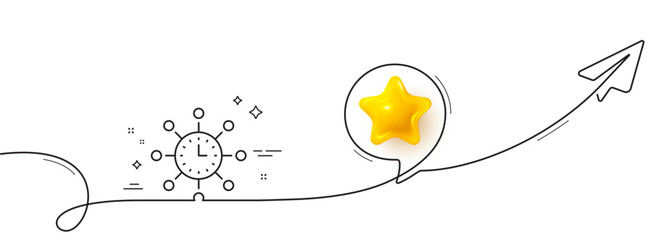Poster - World time line icon. Continuous line with share plane. Global watch sign. 3d star in speech bubble. World time single line ribbon. Loop curve pattern. Vector