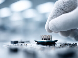 Poster - Gloved hand precisely handling a CPU chip. Concept for technology, engineering, manufacturing, or repair. Implies precision, innovation and progress.
