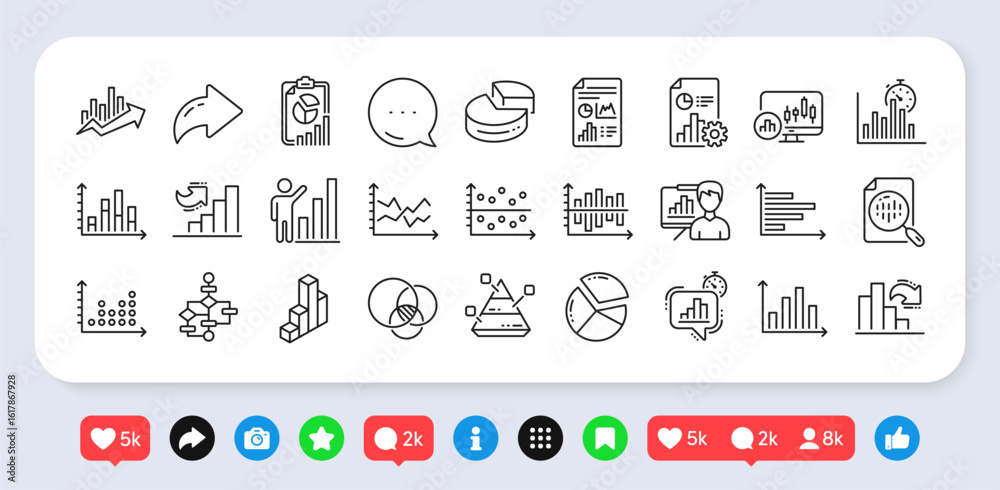 Charts and Diagrams line icons. Social media: share, comment, like ...