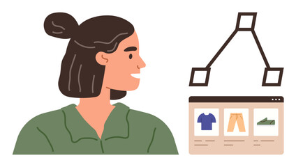 Poster - Woman viewing e-commerce site showcasing clothing items, adjacent to data flow diagram. Ideal for e-commerce, online shopping, product discovery, tech, decision-making, retail, simple flat metaphor