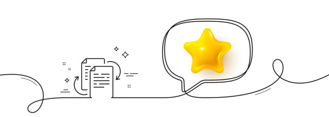 Poster - Documents workflow line icon. Continuous line with 3d star. Doc file page sign. Bureaucracy symbol. 3d star in speech bubble. Bureaucracy single line ribbon. Loop curve pattern. Vector