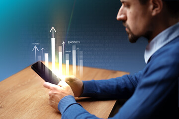 Poster - Man using smartphone for business analysis with digital data visualization in a modern workspace during daytime