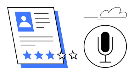 Poster - Document with user profile, photo, text lines, and stars alongside a microphone icon. Ideal for performance review, user survey, feedback gathering, podcast topic, online rating career assessment