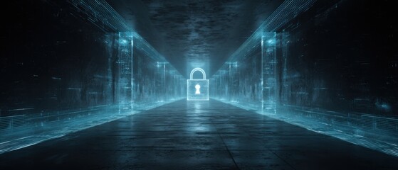 Poster - Zero Trust blue-lit futuristic hallway with a glowing lock at the end, symbolizing secure authentication and controlled access.