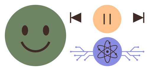 Poster - Green happy face beside play, pause, and atomic diagram representing happiness, digital media, science, and connection. Ideal for positivity, innovation, emotions learning technology self-care