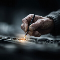 Poster - Closeup of aged hands meticulously working on a complex circuit board with a fine tool. Symbolizes precision, technology, repair, innovation and engineering.