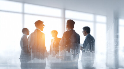 Poster - Business meeting with data overlay. Illustrates strategy, vision, and finance. Perfect for corporate presentations and financial reporting visuals.