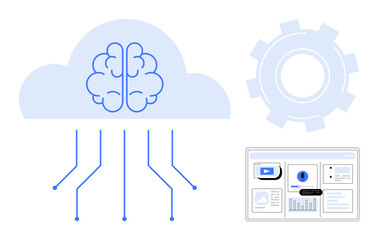 Poster - Brain embedded in a cloud with connecting data lines, next to a gear and dashboard. Ideal for AI, machine learning, cloud computing, data analysis, automation, technology innovation. Minimalist flat
