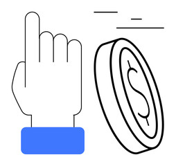 Poster - Hand pointing up with a coin in motion featuring a dollar sign, conveying finance, investment, success, decision-making. Ideal for fintech, savings, earnings, banking money growth budget guide