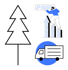 Poster - Minimal tree outline symbolizes eco-awareness, man climbing bar chart reflects growth, truck emphasizes logistics. Ideal for environment, sustainability, business growth, logistics, eco-delivery
