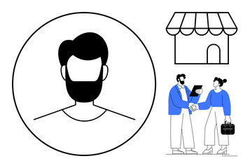 Poster - Simplified avatar design, professional handshake, and storefront sketch. Ideal for entrepreneurship, networking, business deals, professional identity, small business branding, partnership