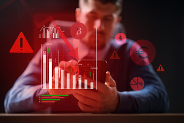 Poster - Trader monitors stock market trends and cryptocurrency fluctuations on smartphone screen in low light setting